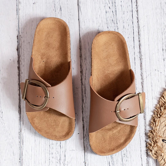 Buckle cover flat heeled straight slippers