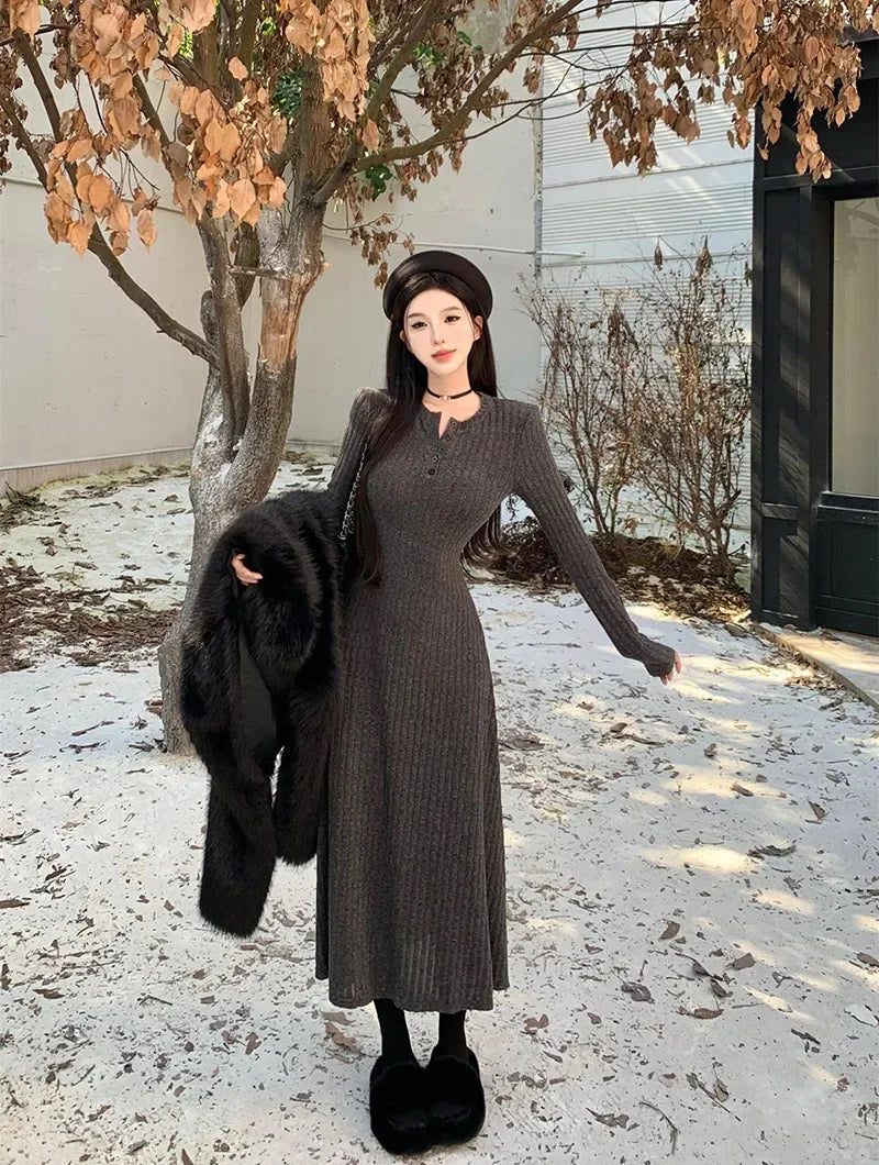 Elegant Slim High Waist Knit Long Sleeve Thick Warm Long Dress