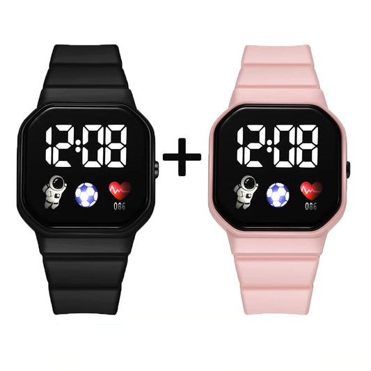 2Pcs/set Kids Sports LED Digital Spaceman Silicone Strap Electronic Wristwatch