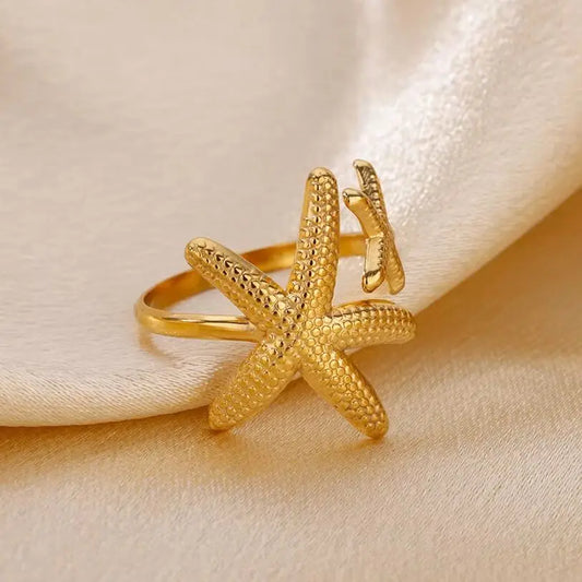 Stainless Steel Starfish Open Rings Gold Geometric Adjustable Ring