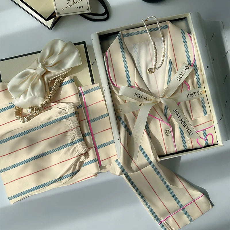 Contrast-Striped Ice-Silk Long-Sleeved Lightweight Homewear Pajama Sets