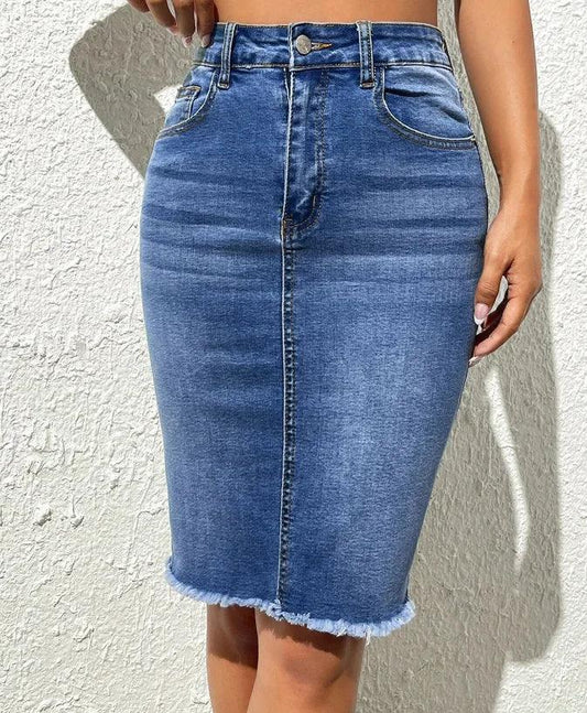 Mid Length Slim Fit High Waist Jeans Skirt