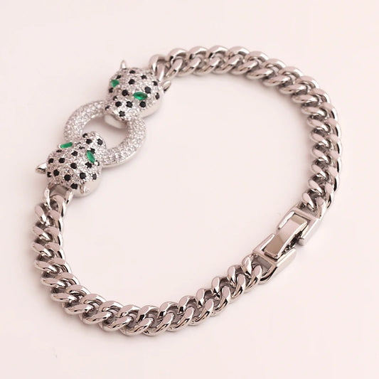 Classic Leopard Green Eye Hip Hop Cuban Chain Black Cubic Zirconia Bracelet
