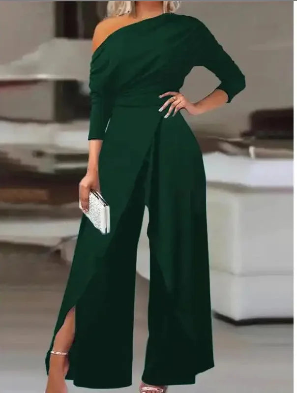Off Shoulder Long Sleeves High Waist Wide Leg Jumpsuit