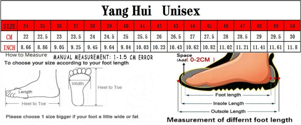 Yang Hui unisex shoe size chart with foot measurement guide, available in EU sizes 34-50, for danastors online fashion shop.