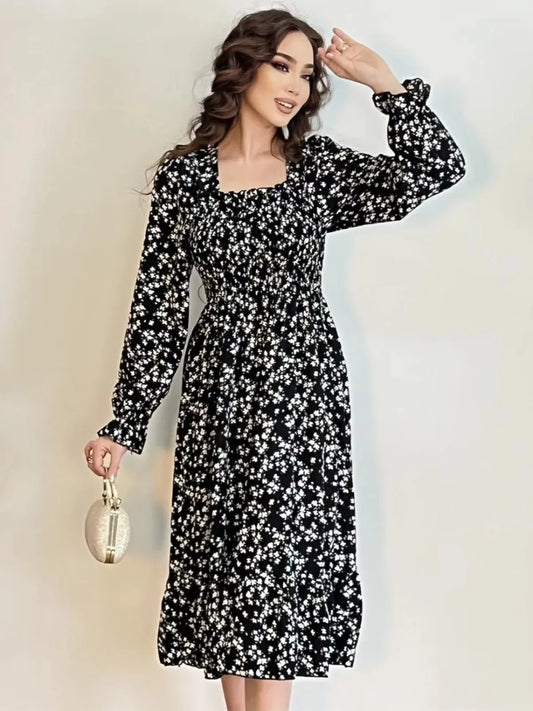Long Sleeve Casual Chiffon Floral Elastic Chest Lace Up Midi Dress