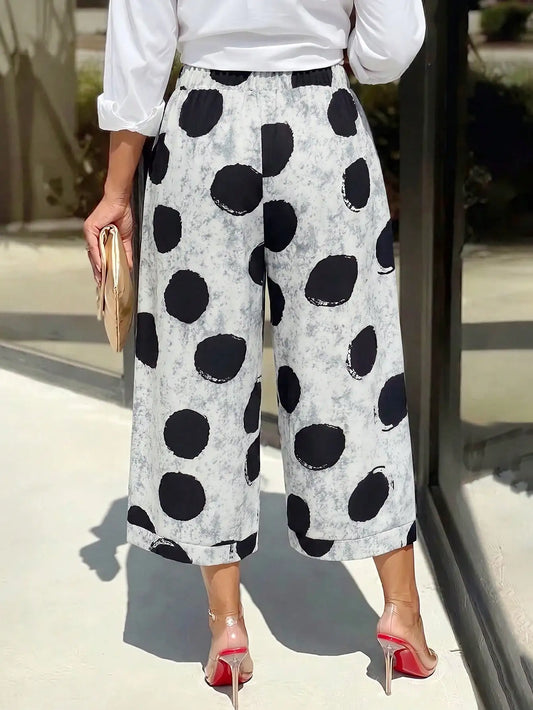 Polka Dot Wide Leg Crop Loose Fit Work Casual Pants