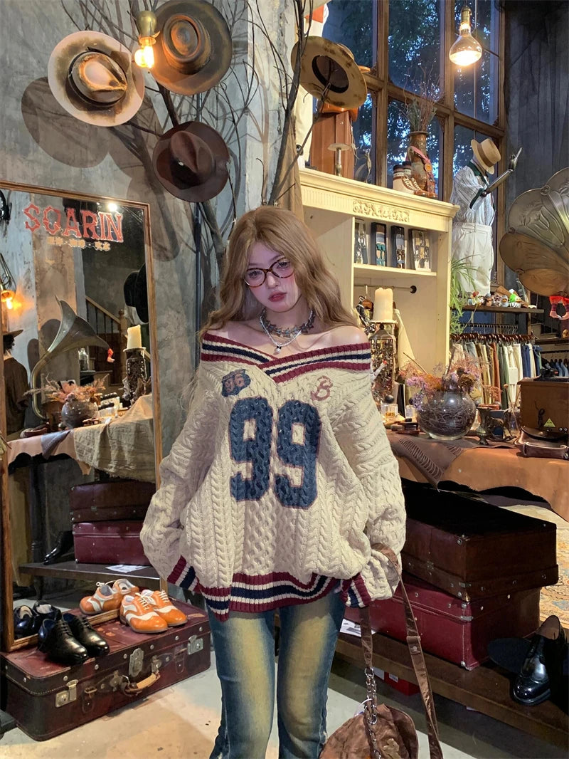 Oversized Korean Preppy Style Letter Print Loose Elegant Pullover Sweater