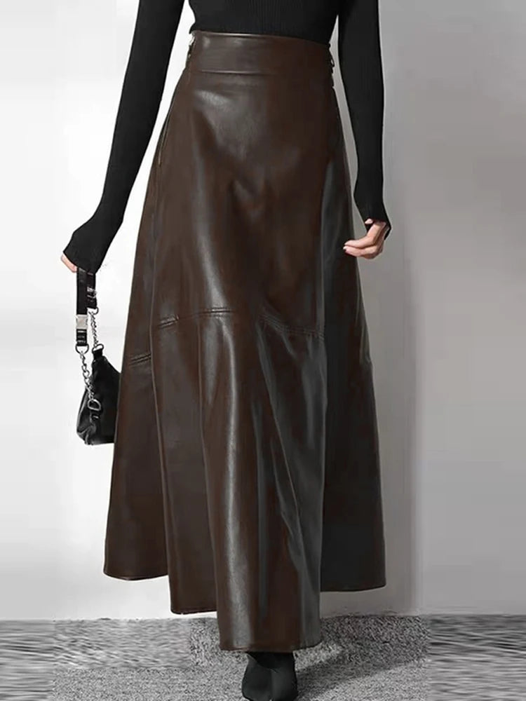 Elegant Long Casual High Waist PU Leather Maxi Skirts