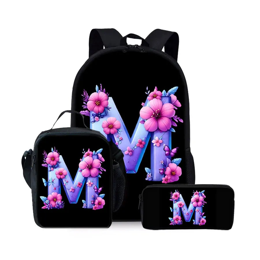 English Alphabet Pattern 2D Flat Cartoon School Backpack Three Piece Set