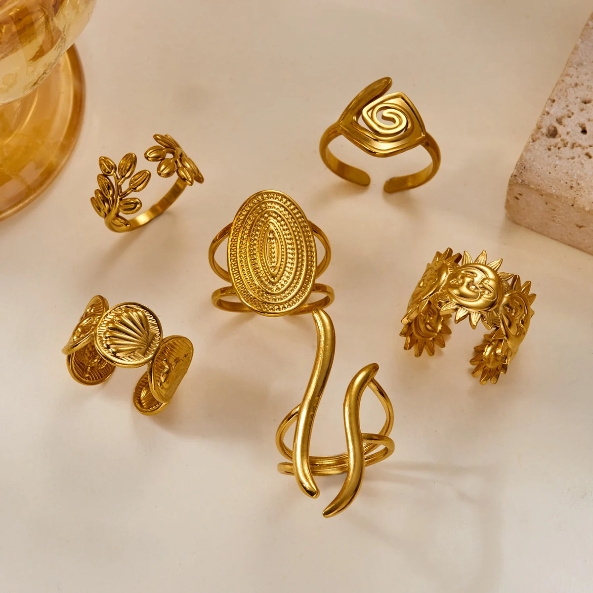 PVD Plated Stainless Steel Open Vintage Sun Leaf Shell Geometric Cuff Ring Set