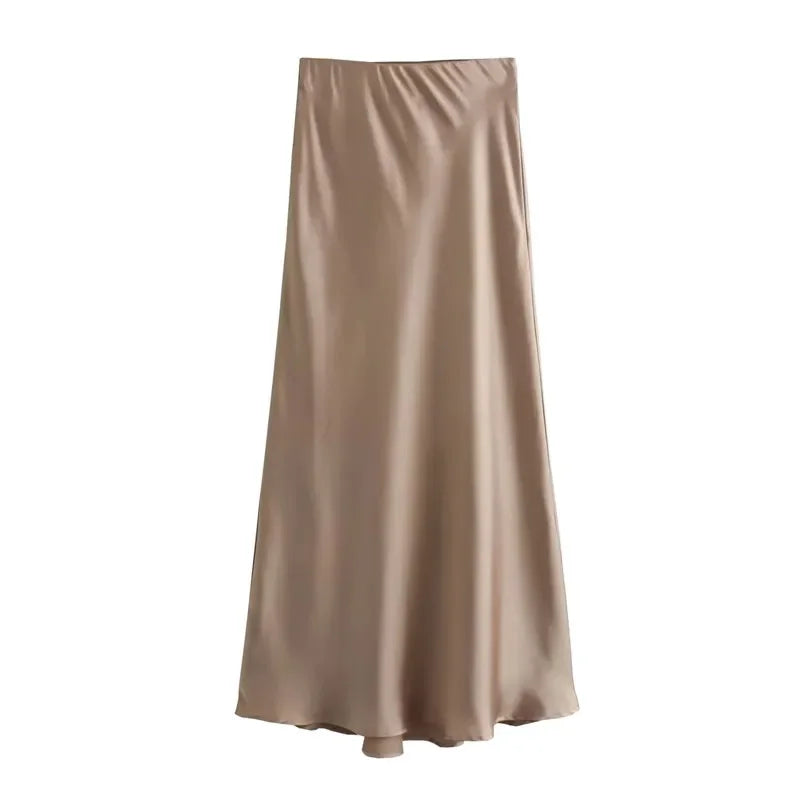 Satin Long Draped High Waist Midi Skirt