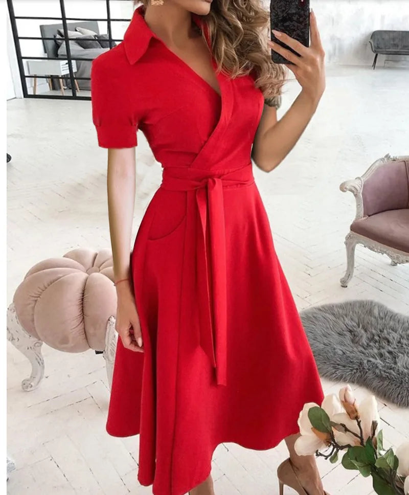 Short Sleeve Wrap V Neck Midi Dress