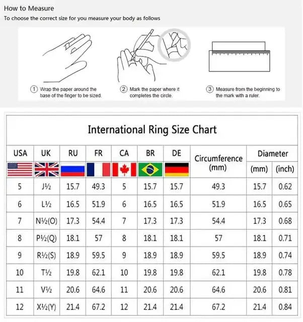International ring size chart with measuring guide, usa, uk, ru, fr, ca, br, de sizes, for danastors fine fashion shop.