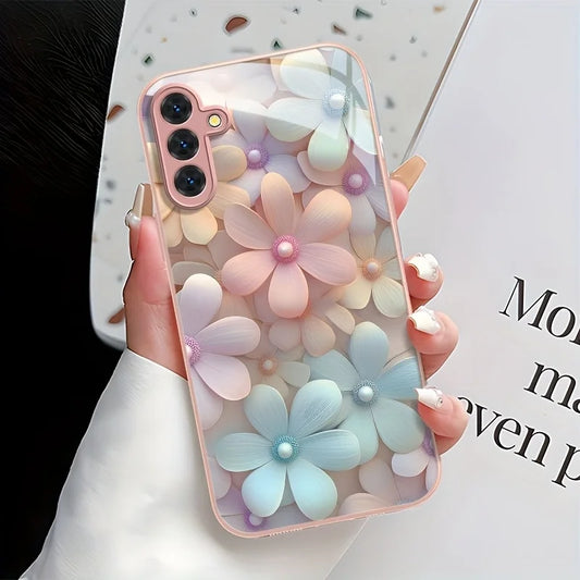 Hard Tempered Glass Flowers Back Cover Case Samsung
