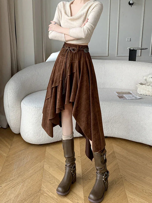 American Retro Asymmetry Suede Bohemian Midi Skirt