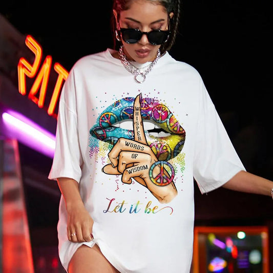Loose plus size letter lip print short sleeved T-shirt dress