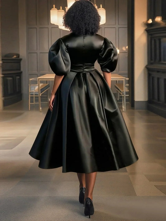 Elegant Satin Plus Size Puff Sleeve Sexy Dress