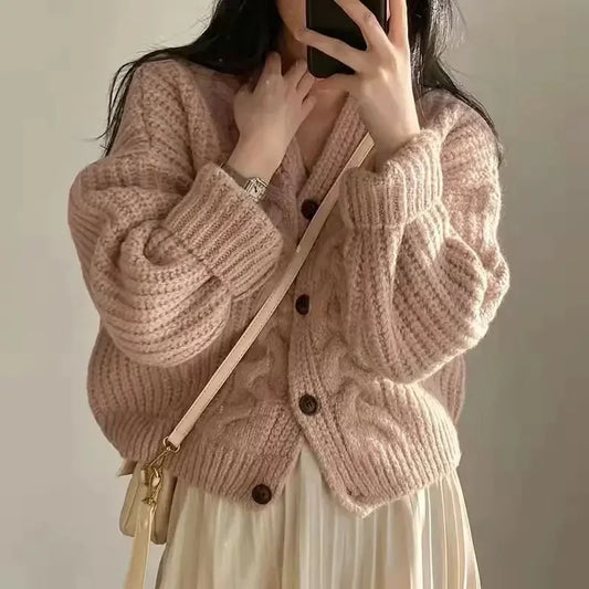 Long Sleeve Knitted Cardigan V-nek Loose Sweater
