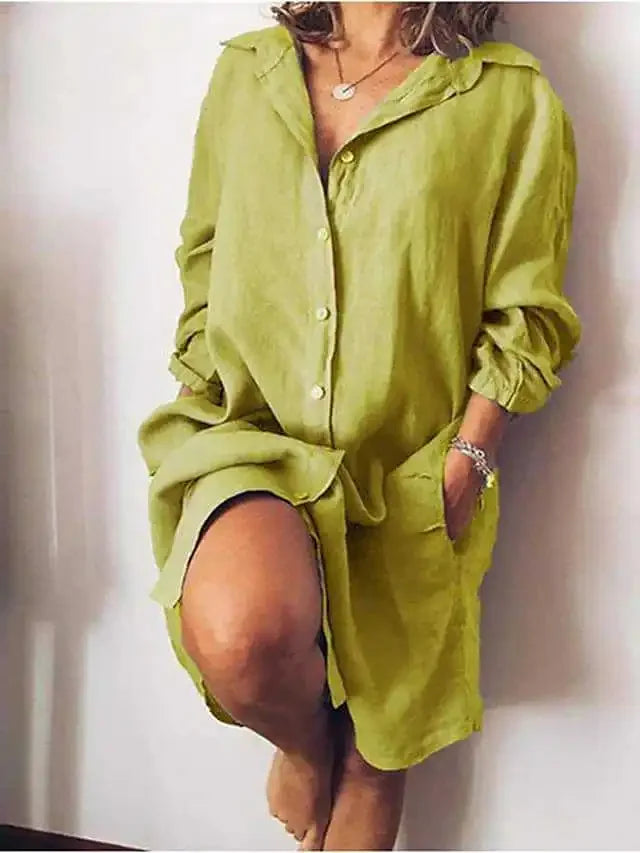 Elegant Cotton Commuting Style Flip Collar Single Breasted Dress