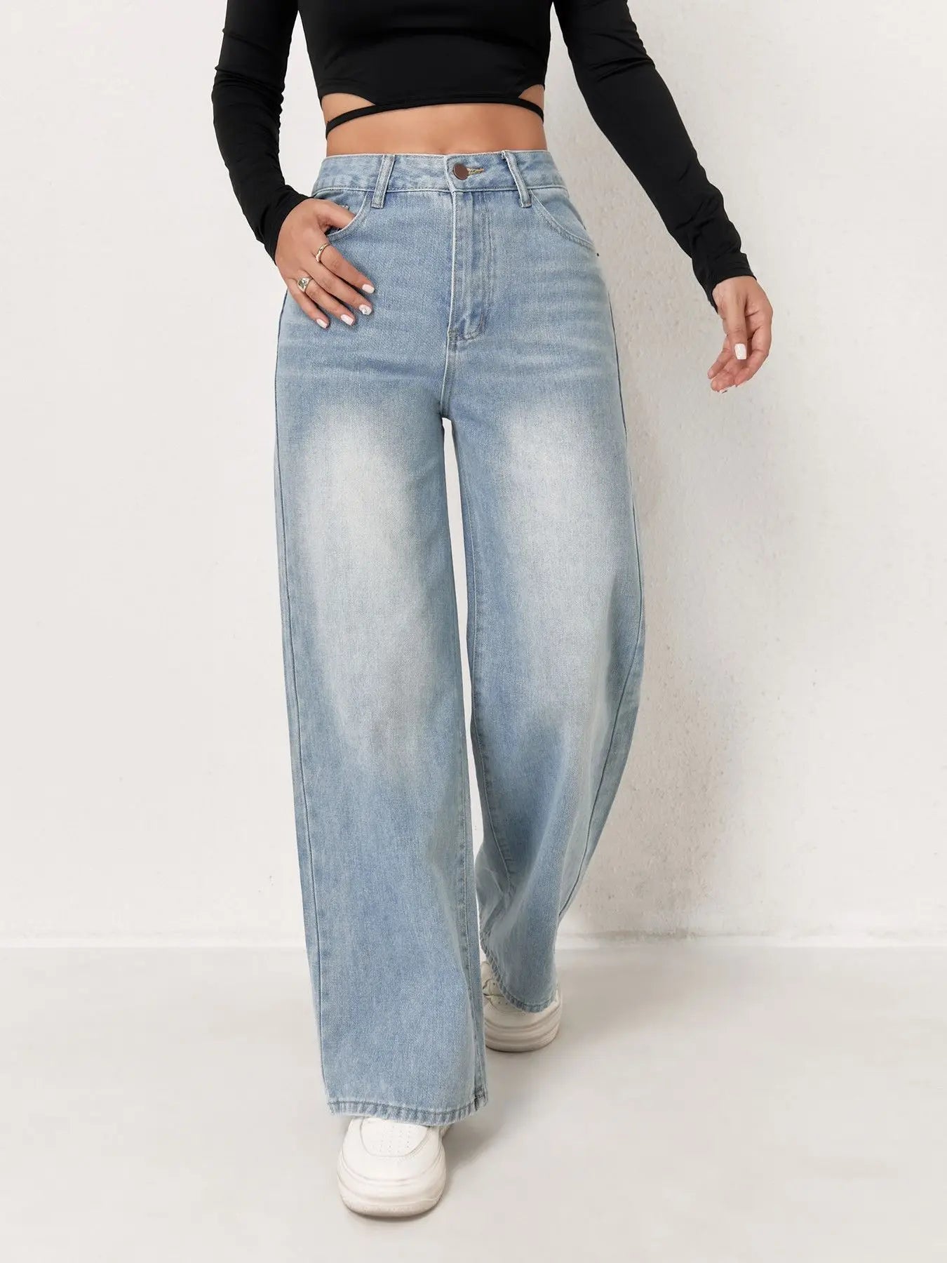 Y2k Light Blue Wide Leg Denim Stretch Free Four Seasons Jeans