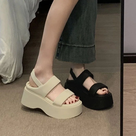 Chunky 8CM High Heels Leather Thick Bottom Flip Flops