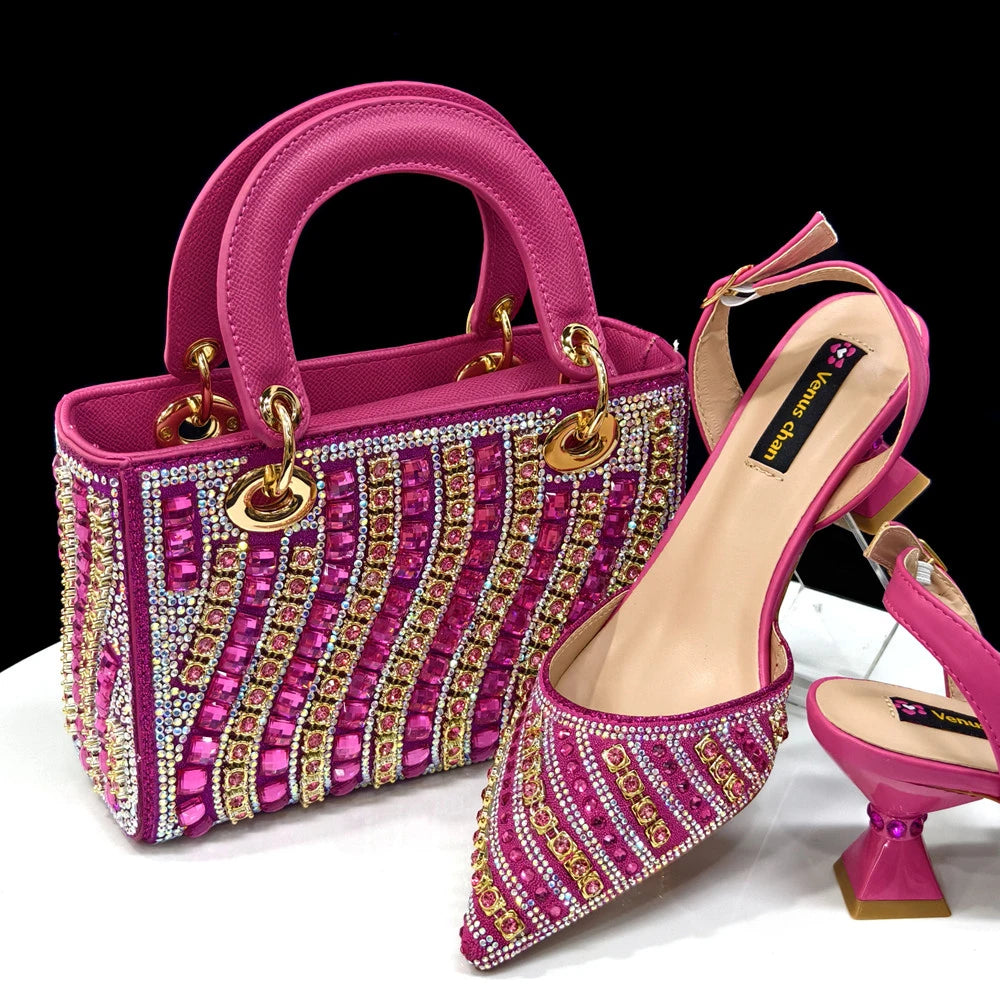 Italian Shoes and Bag Set Blue Low Heels With Rhinestone Set