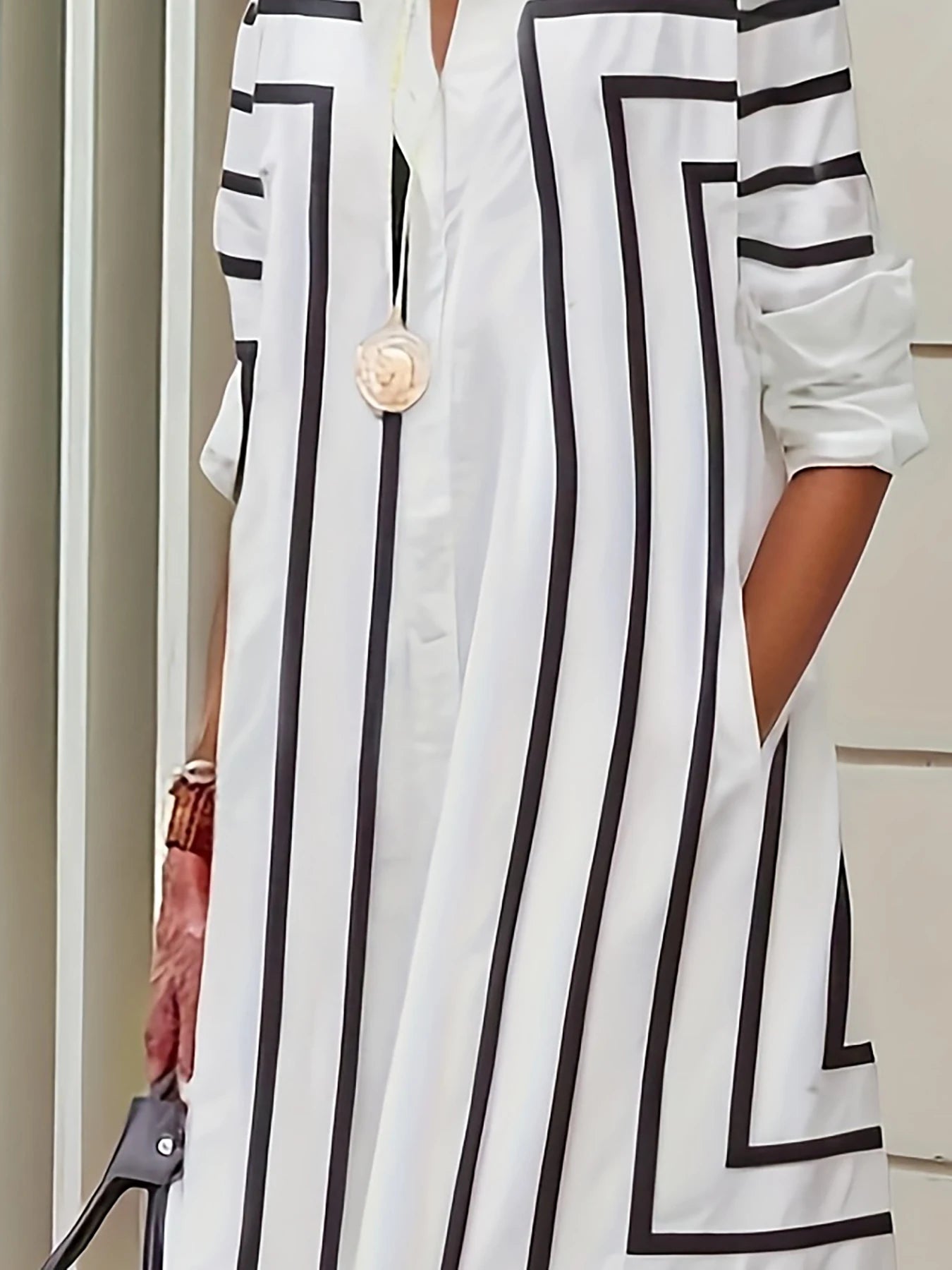 Casual Striped Button Loose Fit Knee-Length Dress