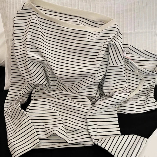 Korean Style Striped Long Sleeve Drawstring Shorts Sleepwear Pajama Set
