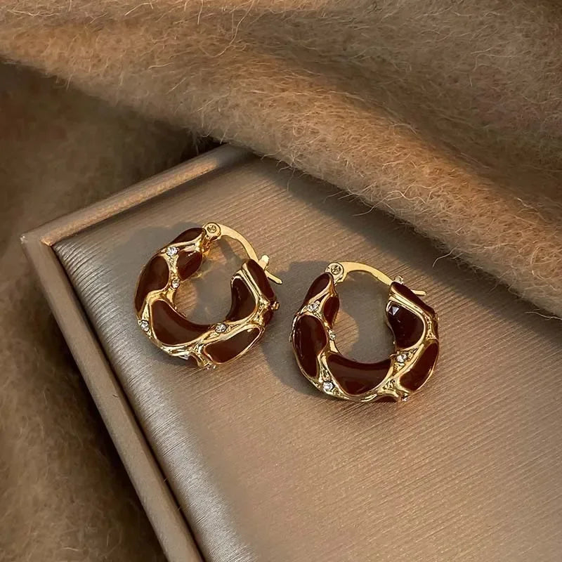 Brown Enamel Zircon Hoop Earrings