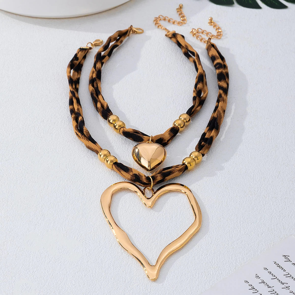 Layered Leopard Print Heart Choker Necklace Set