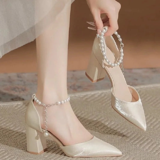 Elegant Pearl-Embellished Satin Chunky Shoes
