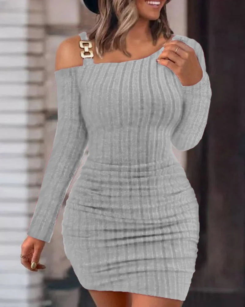 Shoulder Long Sleeve Bodycon With Metal Buckle Slim Fit Mini Dress