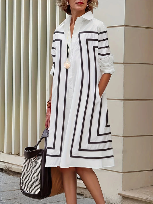 Casual Striped Button Loose Fit Knee-Length Dress