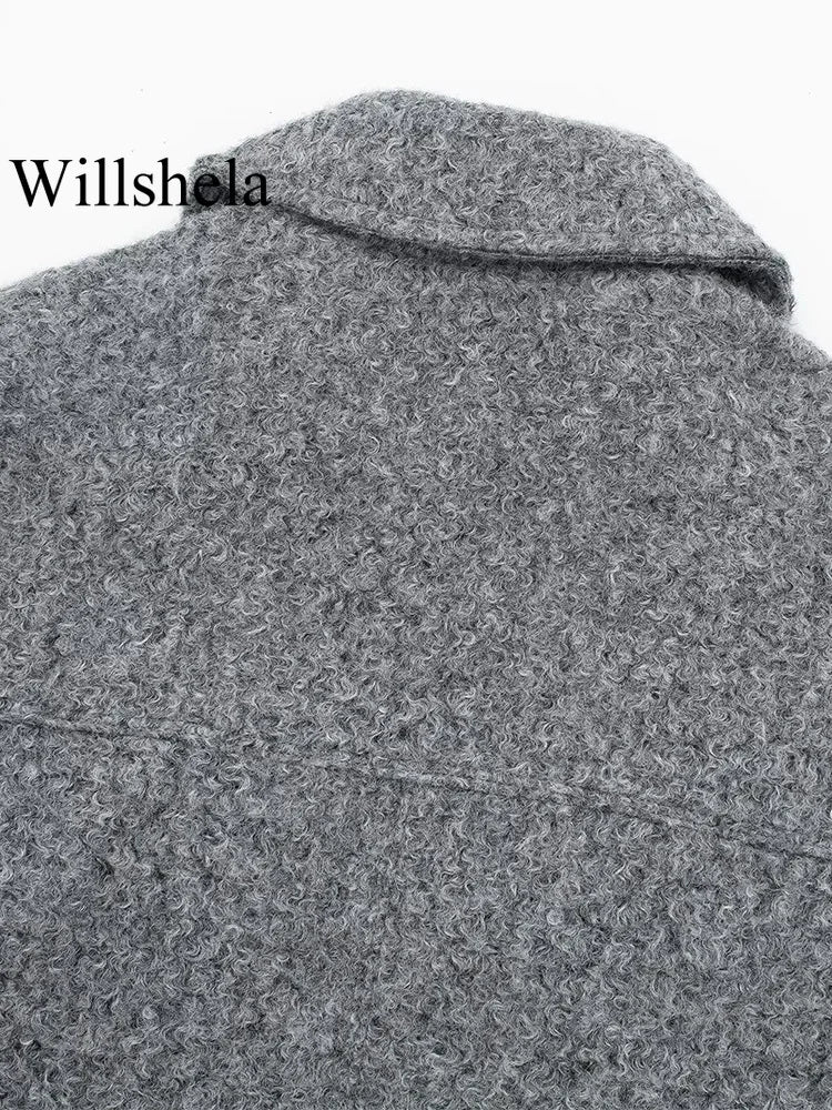 Grey Front Zipper Vintage Lapel Neck Long Sleeves Chic Jacket