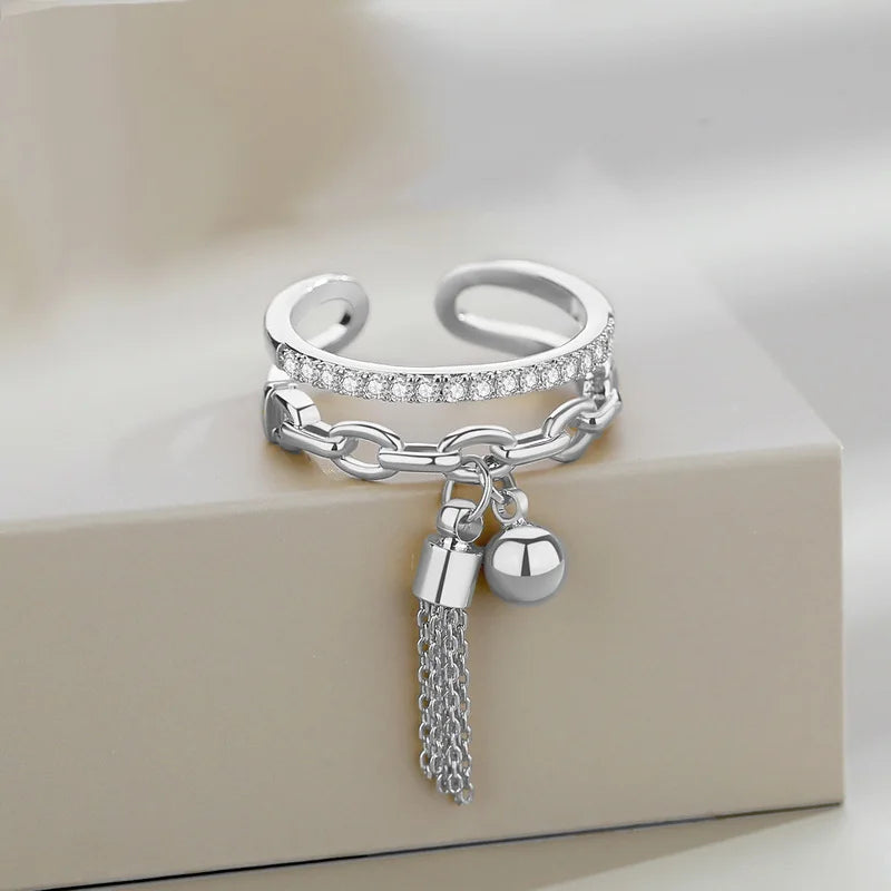 Korean Metal Ball Shaped Pendant Tassel Zircon Retro Cross Rings