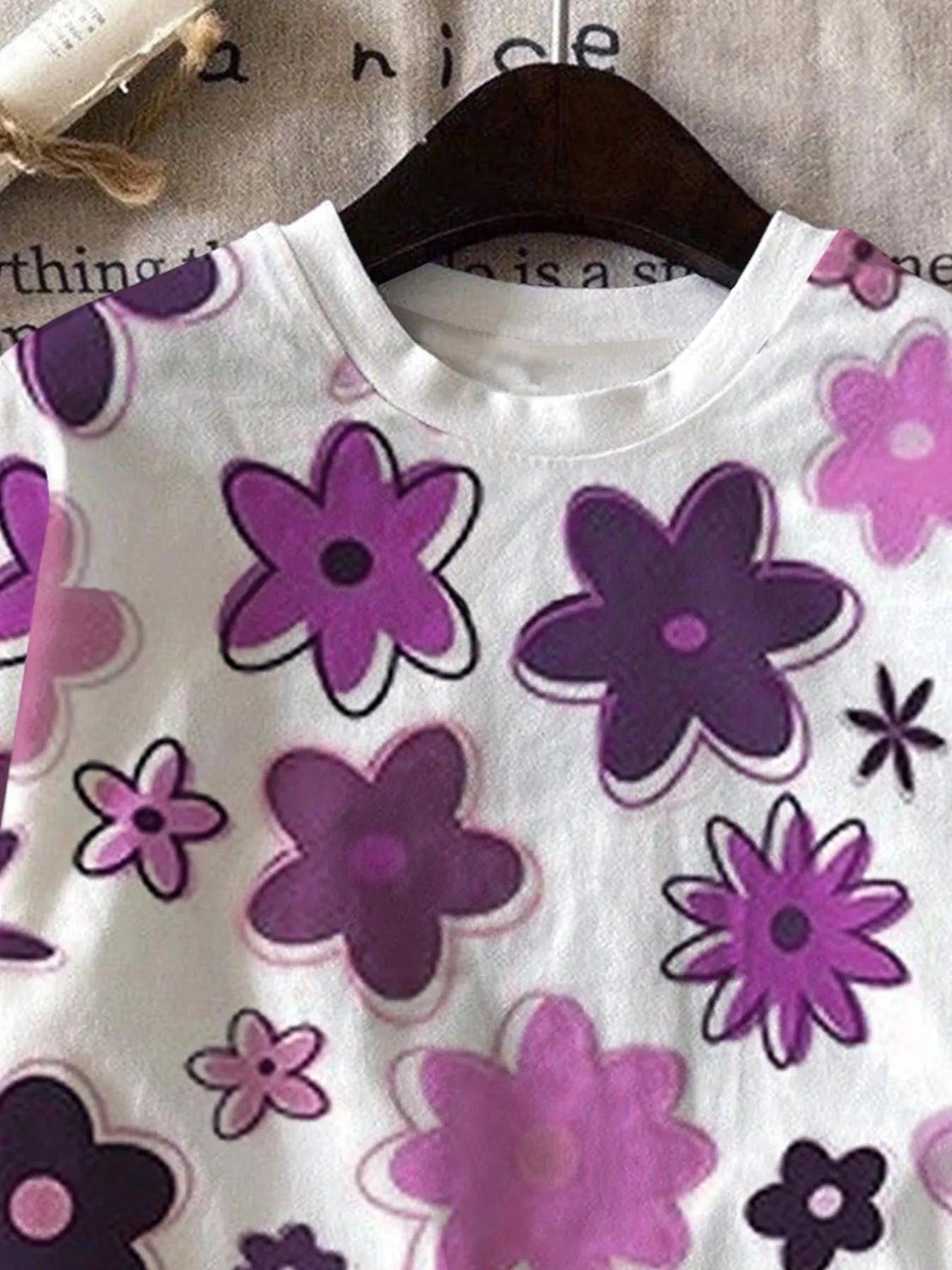 Purple Floral Print Short Sleeve T-shirt Set