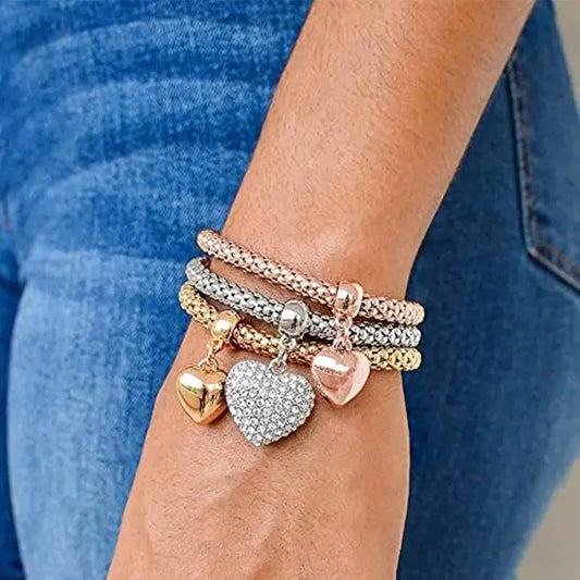 3 PCS Heart Lock Key Charm Bracelet Set