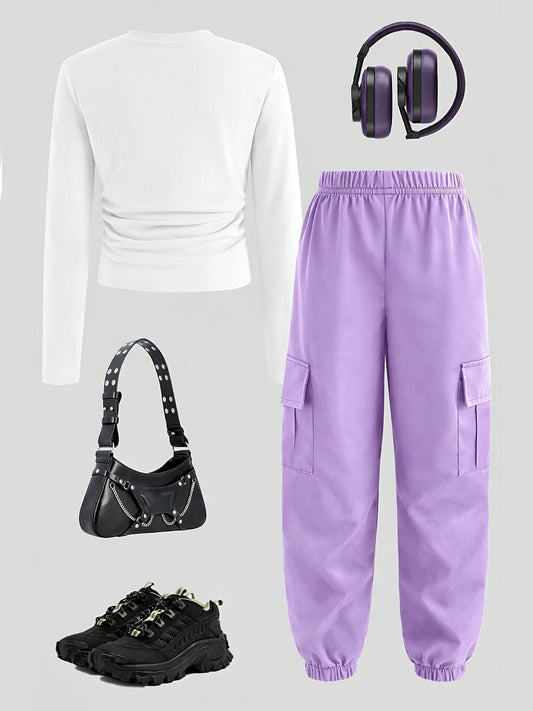 Comfy Soft Breathable Anime Print Crop Top + Purple Cargo Pants Set