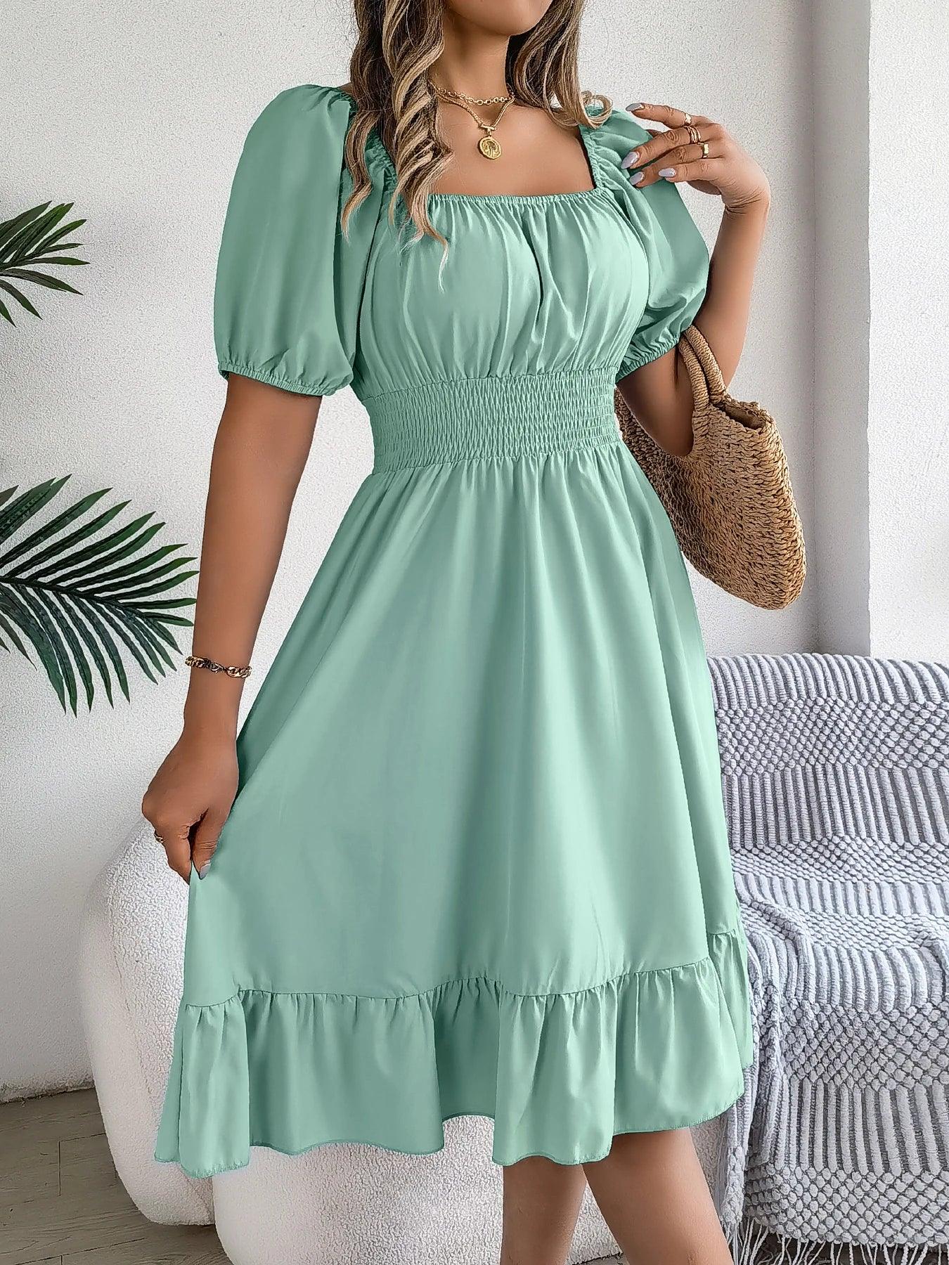 Elegant High Waisted Short Sleeved Ruffled Dress