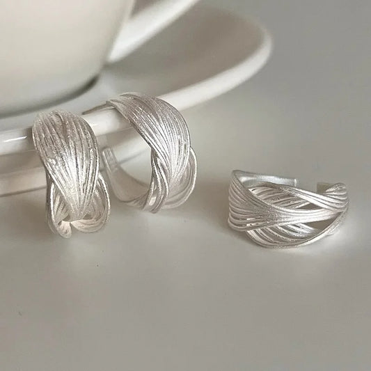 925 Sterling Silver Frosting Hoop Crossing Line Hollow Out Earrings