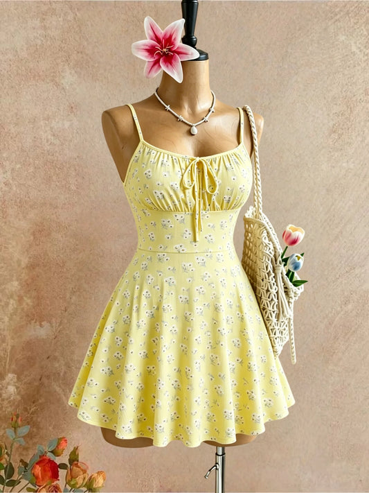 Thin Spaghetti Strap Ditsy Floral Front Tie Ribbed Mini Skater Dress