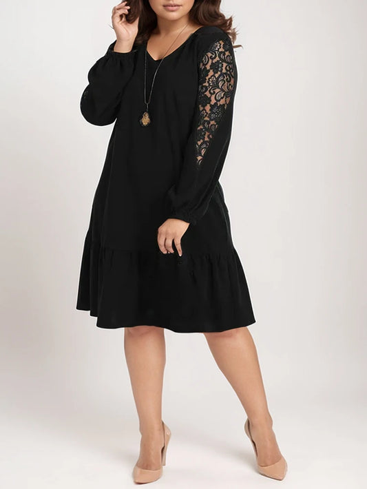 Plus Size Sexy V-Neck Elegant Loose-Fit Lace Long-Sleeve Mini Dress
