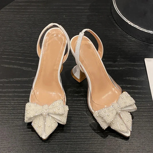 Elegant women's slingback heels with pearl-embellished bows, danastors fashion shoes