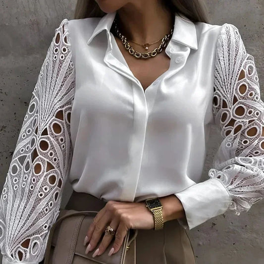 White Sexy Lace Hollow Long Sleeve Blouse