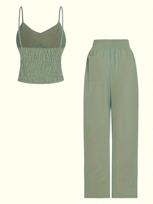 Elegant Camisole Top Elastic Waist Wide Leg Pants Set