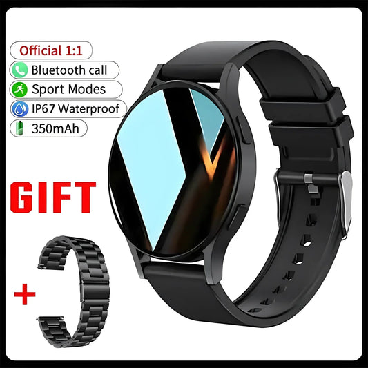 Black round smartwatch with silicone strap, Bluetooth call, waterproof, sport modes, extra metal band included as gift.