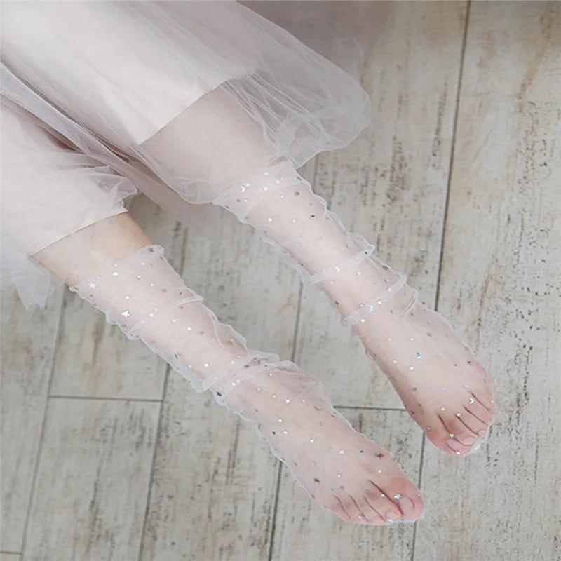 Black Hollow Transparent Lace Stockings Pure Cotton Japanese Fleece Socks