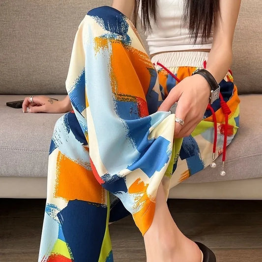 Colorful Graffiti Print Wide Leg Elastic Waist Drawstring Loose Pants