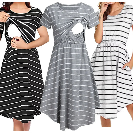 Maternity Care Striped Pregnant Pajamas Breastfeed Dress
